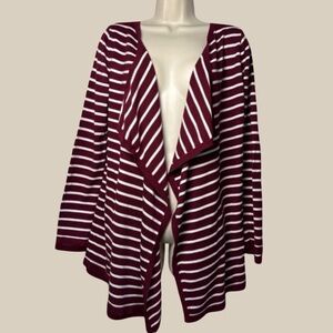 Market & Spruce Burgundy White Striped Waterfall Front Cardigan Elbow Patches